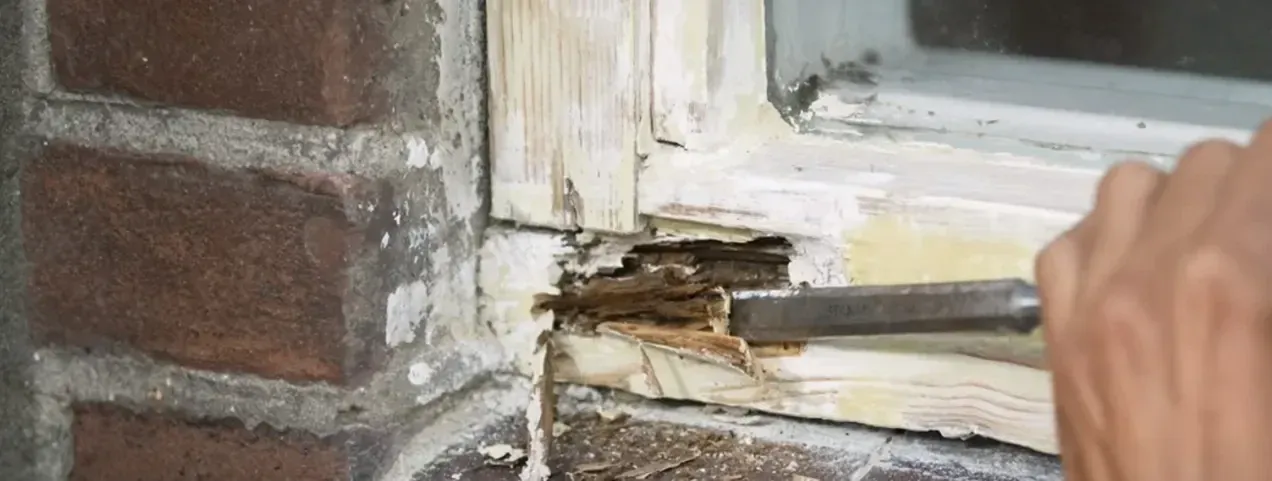 Aangetast hout wordt uit een kozijnhoek gehakt.