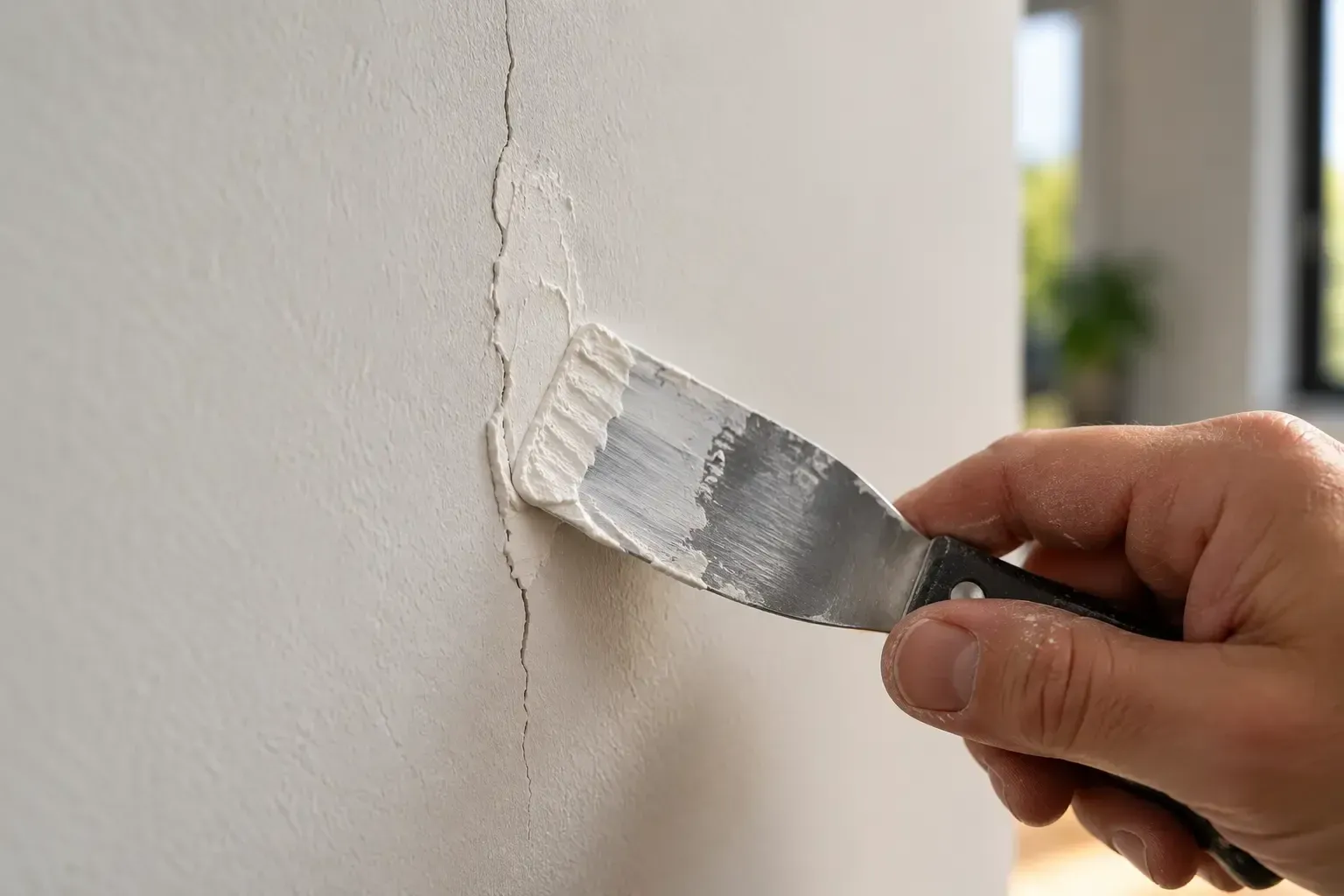 Een scheur in een wand wordt gevuld met een plamuurmes.