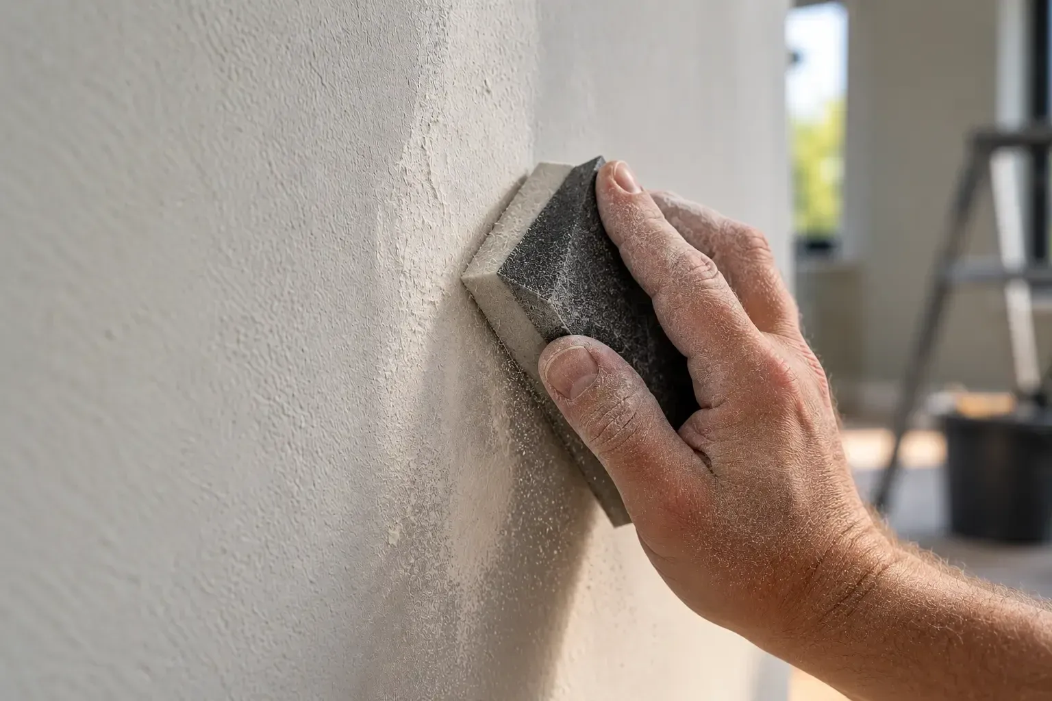 Een wand wordt geschuurd met een schuurblok.