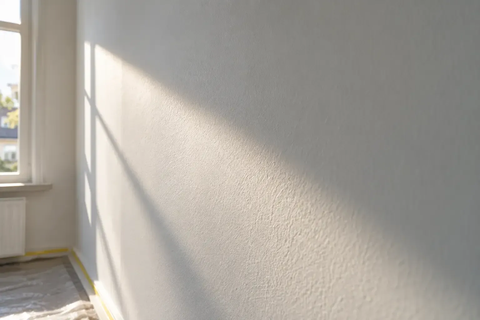 Lichte wand in laag strijklicht; vloer en plint zijn nog afgedekt.