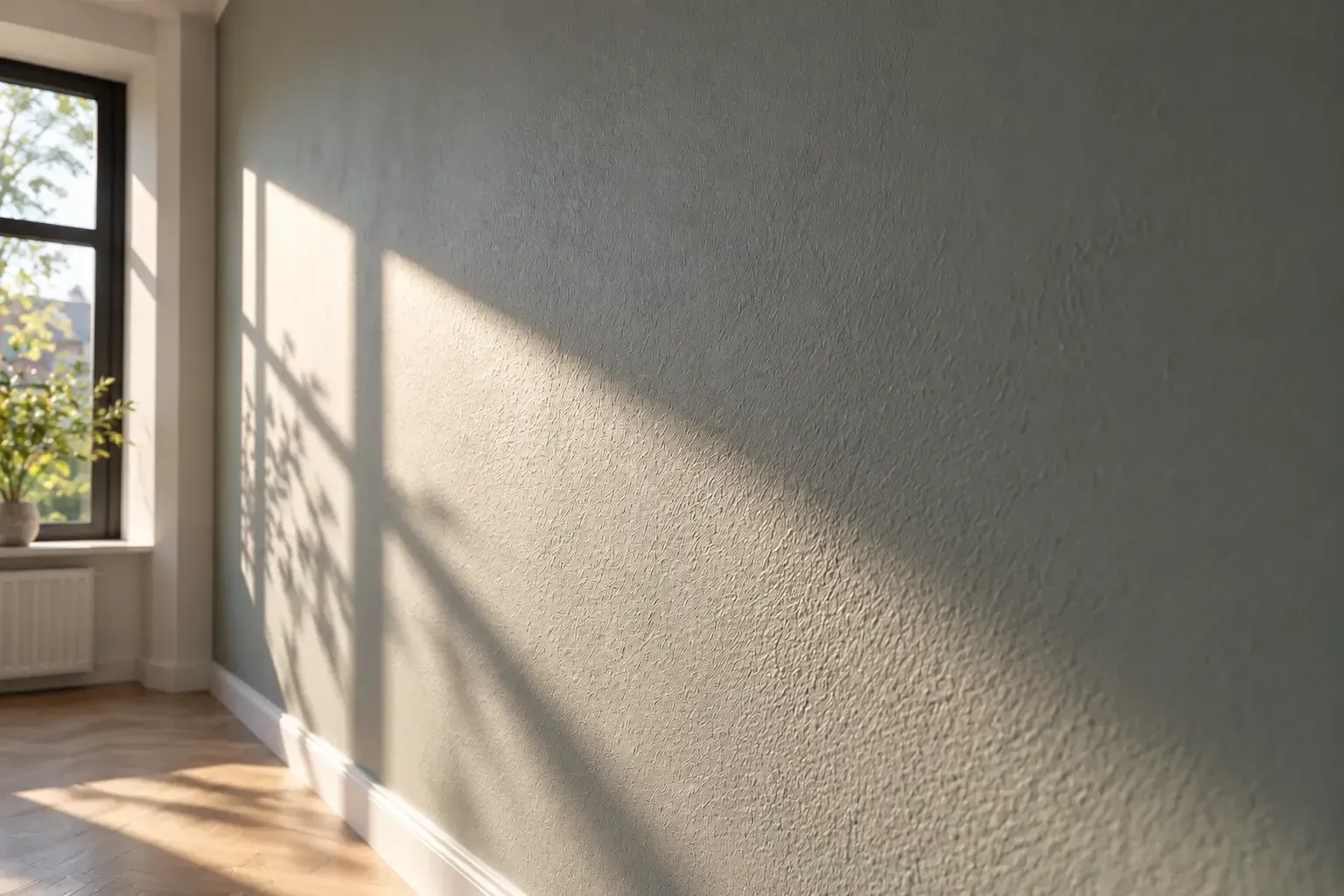 Egaal geschilderde wand in laag strijklicht.
