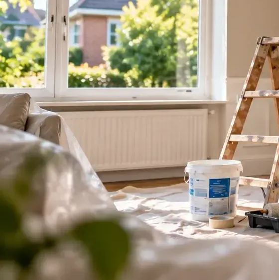 Afgedekte vloer en bank tijdens het schilderen.